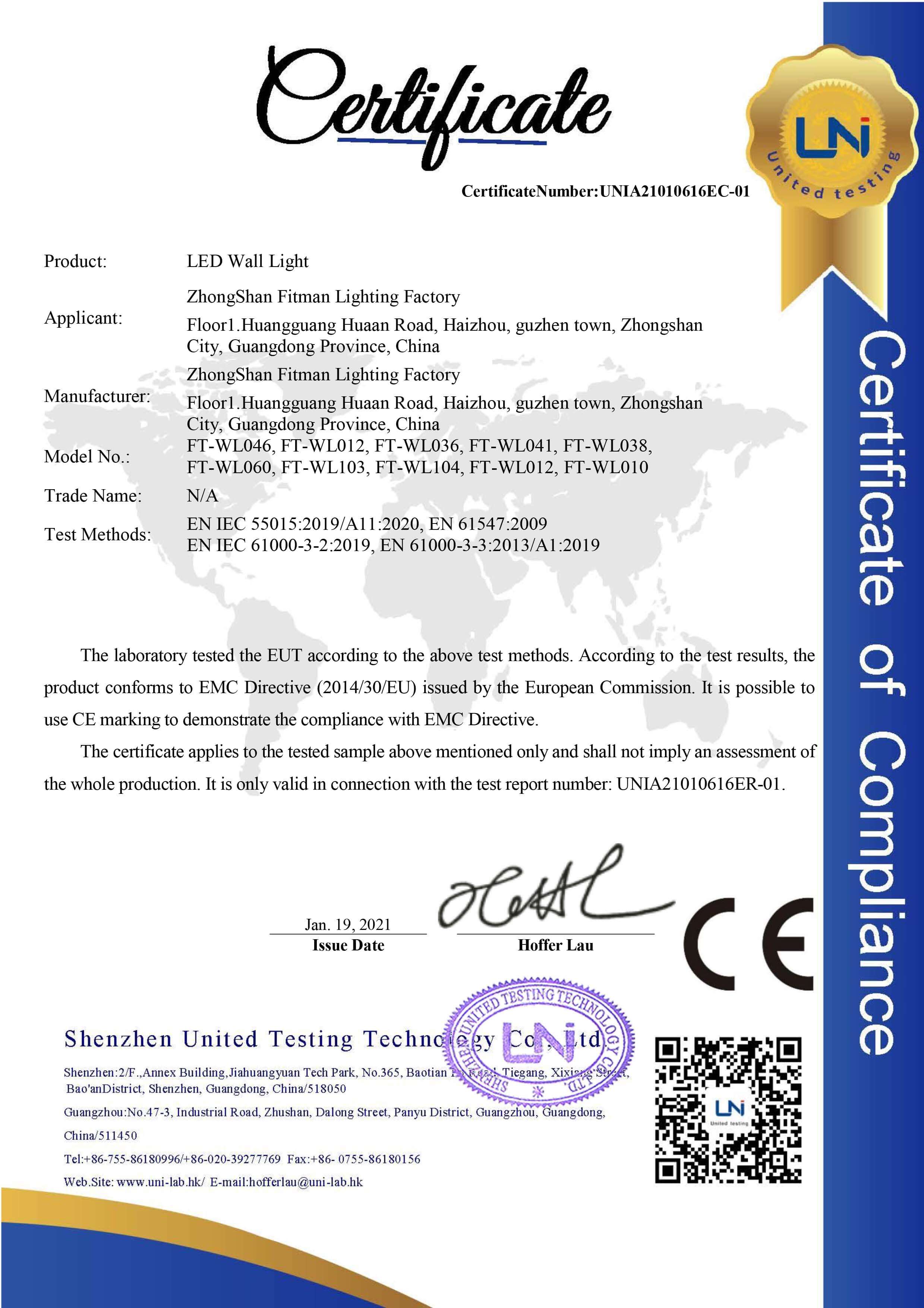 LED WALL Light CE certificate
